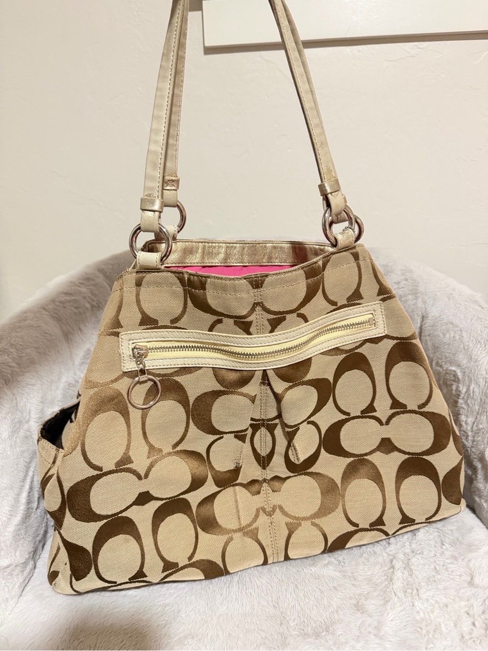 Coach Beige and Brown Signature Canvas Shoulder Bag